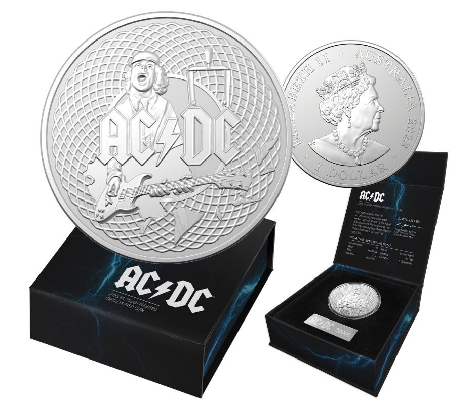 2023 $1 AC/DC Silver Frosted (Uncirculated Coin) | Hunter Coins